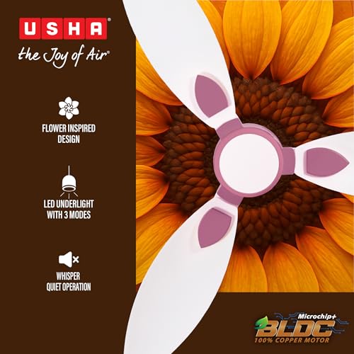 Image of USHA Bloom Sunspire Glow BLDC Ceiling Fan with 3-Mode Underlight |100% Copper Motor |RF Remote |Whisper-Quiet |Dust-Resistant |BEE 5 Star Rated |3-Year Motor & 2-Year PCB Warranty |White & Light Pink