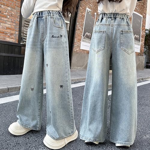 Girls Y2k Jeans Wide Leg Bow Embroidered Jeans Kids Casual High Waist Cute Denim Pants Streetwear with Pockets Fall2