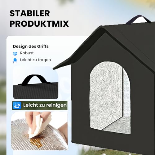 Katzenhaus Outdoor, Katzenhöhle für Draußen, Katzenhaus Für Draußen Winterfest Wasserdicht, Kombiniert isolierte Aluminiumfolie Mit abnehmbarem Transparentem Vorhang (M, Schwarz-1)
