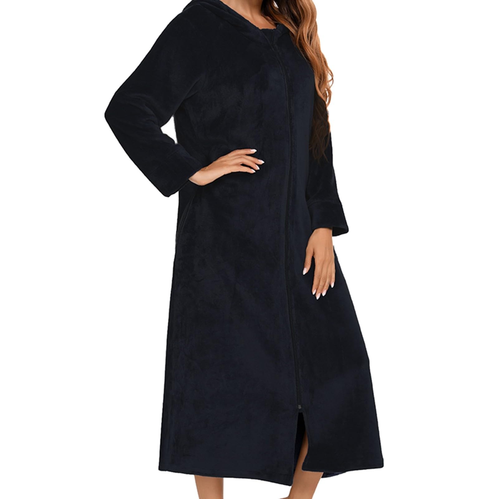 Robe De Chambre Capuche avec Zipper, Peignoir De Bain Femme Polaire Unie, Chemise De Nuit Grande Taille à Manches Longues, Chaud Et Confortable VêTements De Nuit Femme Automne Hiver