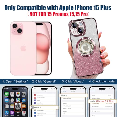 Image of Misscase for iPhone 15 Plus Magnetic Glitter Case Compatible with MagSafe,Full Protection Slim Shockproof Anti-Scratch Case with Camera Lens Protector Logo View Dust-Proof Net for Women Pink