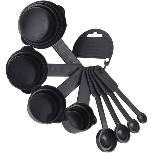 Abode Kitchen Essential Measuring Cup & Spoon for Spices | for Cooking and Baking Cake | Multipurpose Tablespoon Cups with Ring Holder | (Black, Plastic)