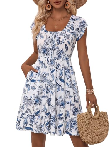 Image of HUHOT Teen Petite Women Floral Short Summer Mini Dresses with Pockets Cute Milkmaid Sundress 2026