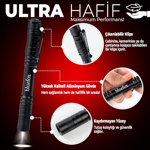 Bluefox LED El Feneri, Dayanıklı Alüminyum Gövde, 220 Lümen, Klipsli, Su Geçirmez, Araç, Kamp, Balık