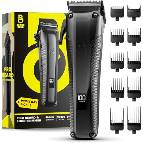 The Beard Club Pro Beard Trimmer for Men - Professional Men's Hair Trimmer for Barbers - Electric Cordless Rechargeable High Power 13,000 RPM - 10 Guides - Taper Lever - Diamond Like Carbon Blades