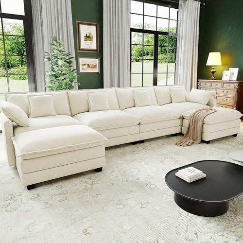 Image of 146 inch Cloud Couch Sectional Modular Sofa, Deep Seat Couches with Ottoman and Removable Washable Pillows for Living Room, Bedroom, Apartment, Beige