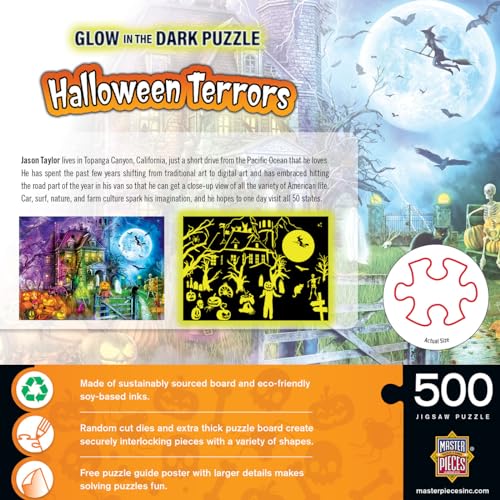 Image of MasterPieces Halloween Puzzle 500 Pieces Glow in the Dark Jigsaw, Spooky Seasonal Artwork, Random Cut Jigsaw Design with Matte Finish, Vibrant Nighttime Art, Halloween Puzzles 500 Pieces Collectible