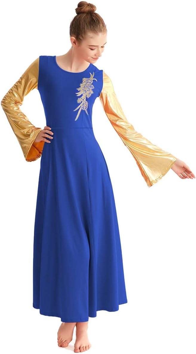 HIHCBF Women Long Sleeve Liturgical Praise Dance Dress Adults Applique Lyrical Ballroom Dancewear Worship Robe Costume
