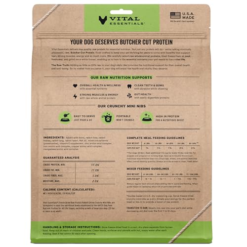 Image of Vital Essentials Freeze Dried Dog Food, Rabbit Mini Nibs, 25 oz Bag | Crunchy, Complete Meal or Topper, Made With 96% Rabbit, Organs & Bone, High Protein Raw Nutrition, Grain-Free Recipe