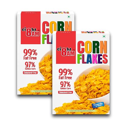 Image of 8 AM Corn Flakes 500 Gram (Pack Of 2), 97% Corn, 99% Fat Free, No Cholesterol, Trans Fat, Artificial Additives, Vitamins B1, B2, B3, B6, B9, Iron, Calcium, Crunchy & Nutritious Cereal