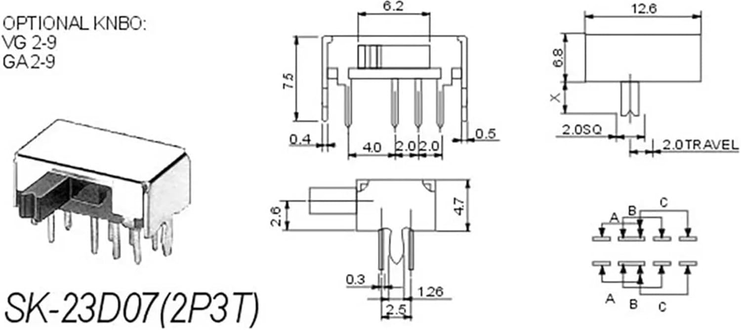 【50-10PCS】SK23D07 SK23D07VG4 8 Pin PCB 3 Position 2P3T DP3T Miniature Slide Switch Side Handle High 4mm(50PCS)