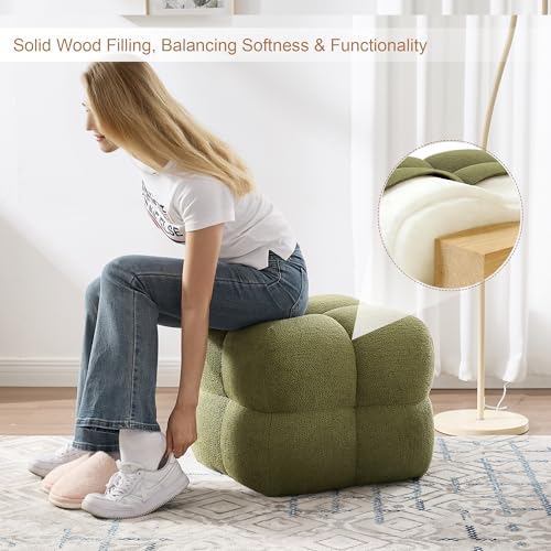 Image of Zesthouse Square Pouf Ottomans Footstool Set of 2, Upholstered Poofy Ottoman for Couch Sofa, Modern Vanity Chair Backless for Living Room, Green Boucle Stool Foot Rest, Fabric Ottoman Coffee Table