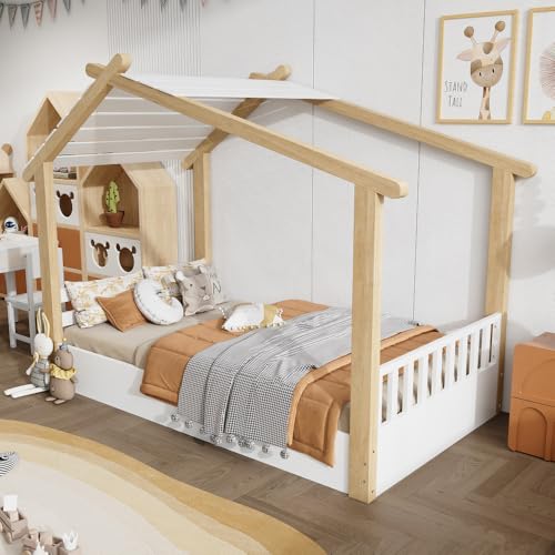 Lit cabane Enfants 90 x 190 cm en Bois,lit Enfant avec Barriere,lit superposé Enfant,Design raffiné de Maison en Bois,sommier à Lattes Robuste,pin +...