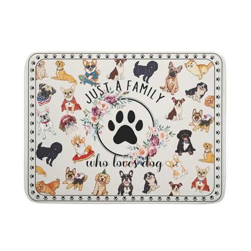 Dog Family Dish Drying Mat Cartoon Pet 18 X 24 in Absorbent Printed Drying Pad for Dog Lover