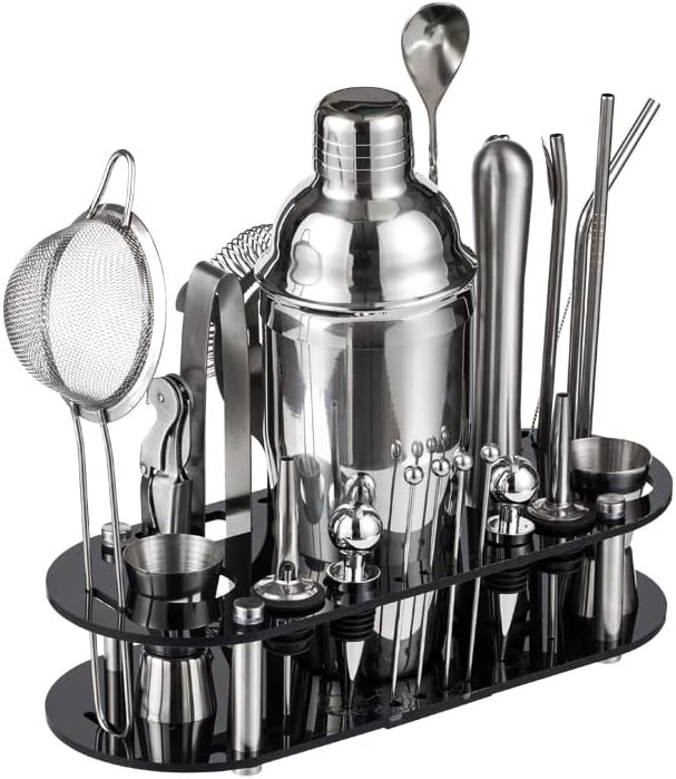 Juego de coctelera, 25 piezas de acero inoxidable con soporte acrílico y folleto de recetas de cóctel, juegos de herramientas profesionales para