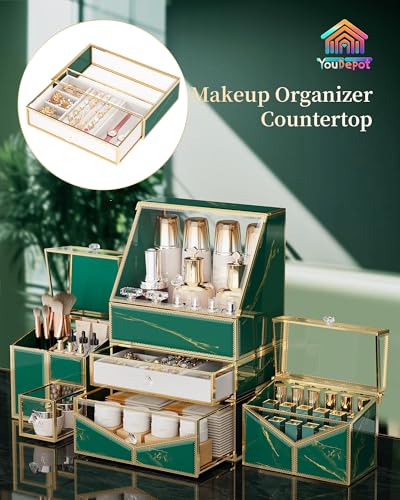 Extra Large Makeup Organizer, Glass Cosmetic Storage with Drawers, Stackable Makeup and Jewelry Organizer for Vanity Table, Bathroom Countertop, Skincare, Lipsticks, Perfume, Brushes