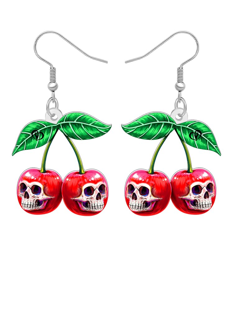 Acrylic Horror Skull Cherry Dangle Earrings Halloween Gifts for Women, Gothic Fruit Charm Design Spooky Quirky Halloween Costume Jewelry Accessories