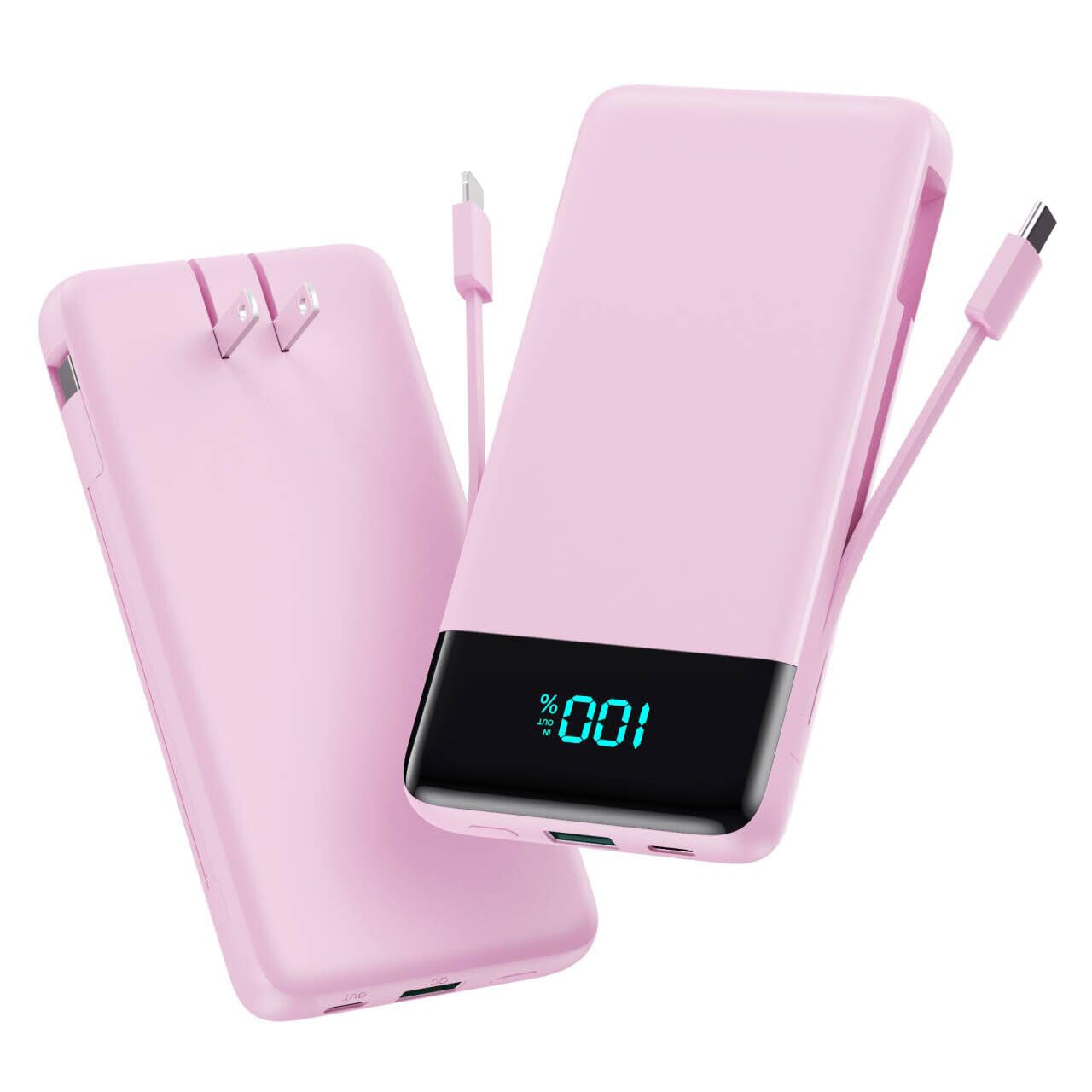 Portable Charger for iPhone,13800mAh Slim Power Bank with Built-in Cables &amp; AC Wall Plug,All in One 4 Outputs USB C Fast Charging Battery Pack for iPhone 18/17/16/15,Android,Travel Essential (Pink)