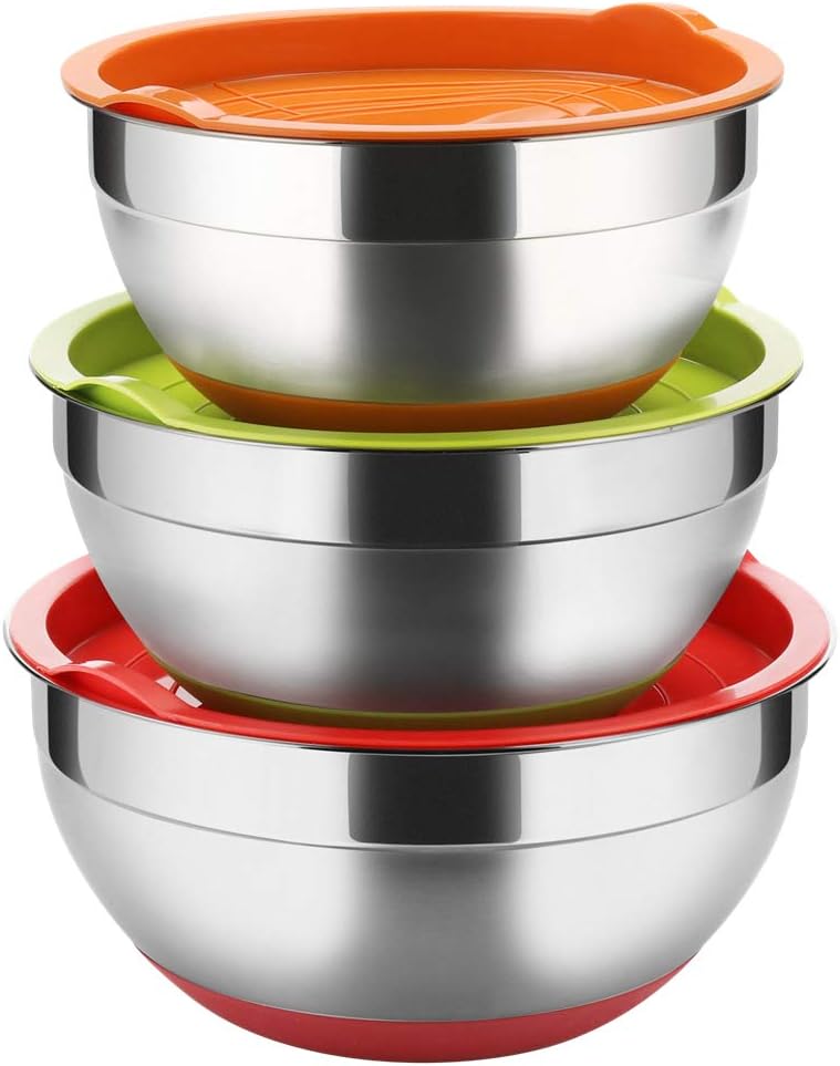 REGILLER Stainless Steel Mixing Bowls with Lids (Set of 3), Non Slip Colorful Silicone Bottom Nesting Storage Bowls yyi, Polished Mirror Finish For Healthy Meal Mixing and Prepping 2.5-3.5-4.2QT
