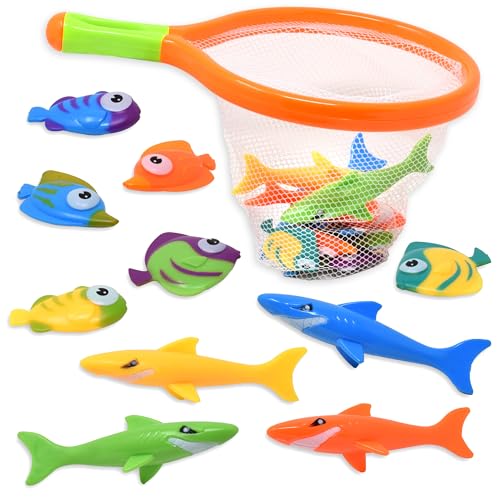 Toy Fishing Net for Bath | Bath Toys for Kids – Dive Game Small Sinking Fish, 4 Sharks & 6 Fish Multicolored