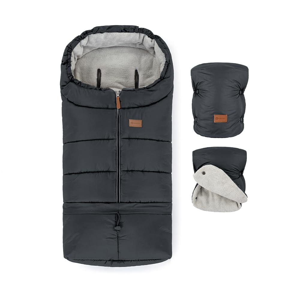 Petite&Mars Sacco Invernalne Universale per Passeggino JIBOT con i Guanti JASIE Grigio * Sacco Termico, Passeggino, Navicella e Seggiolino Auto * Caldo * Impermeabile * Antivento (Charcoal Grey)