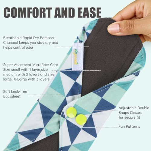 Image of wegreeco Reusable Menstrual Pads, Incontinence Sanitary Period Cloth Pads for Women, Reusable Washable Feminine Panty Liners Heavy Flow,Charcoal,5 Pack,1 Cloth Wet Bag (Small, Geometrical Blue Coffee)
