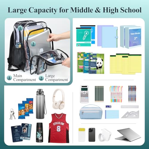 PACKISM Clear Backpack for School - 18 Inch Extra Large Heavy Duty Clear Bookbag for Boys, See Through PVC Transparent School Backpack with 3 Front Pockets for Students, Black (Age 12+)4