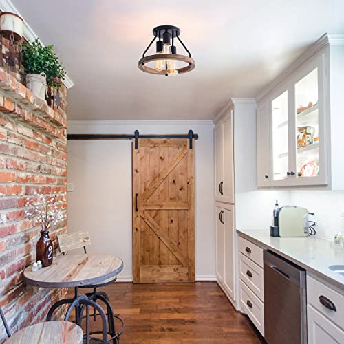 Viluxy Industrial Flush Mount Ceiling Light Fixture With Retro Wood Circle Shade For Hallway thumb #6