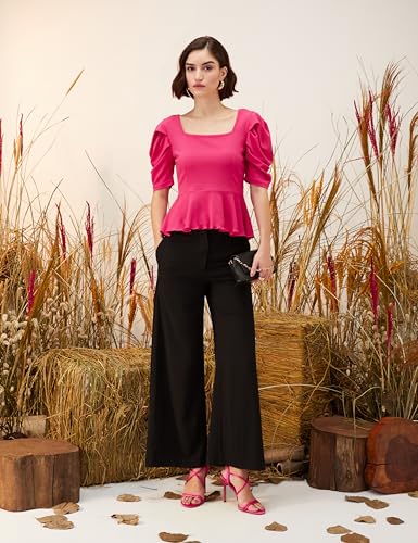 Image of Amazon Brand - Eden & Ivy Women Solid Crepe Square Neck Puff Sleeve Regular Fit Peplum Knit Top (Available in Plus Sizes)