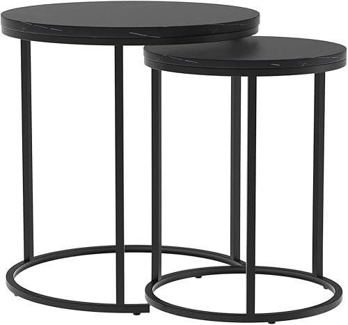 JCWH Mesa auxiliar anidable negra, mesa auxiliar redonda de mármol sintético S2, mesa de noche apilable Morden, con patas de metal ajustables para
