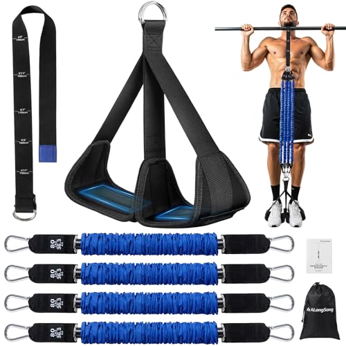 ALongSong Elastique Musculation pour Tractions avec 4 ou 5 Bandes Elastique de Résistance 80-320Lbs/80-400LBS d'Aide Traction, Pédale de Soutien, Réglables...