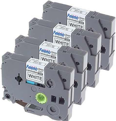 Felemo 4 Pack Standard Laminated Label Tapes for Brother p touch Tze 231 Black on White, 12mm x 8mm