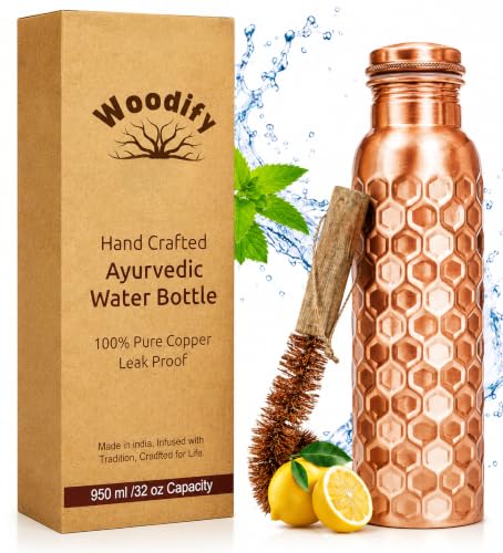 Image of 100% Pure Copper Water bottle 32 Oz with Cleaning brush, Diamond Design | Drink More Water, Lower Your Sugar Intake And Enjoy the Health Benefits immediately