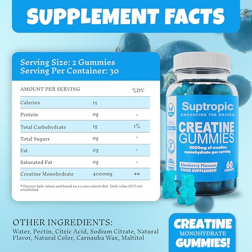 Suptropic | Premium 4000mg, 60 Creatine Monohydrate Gummies, Men & Women - Chewable Creatine Gummies (30+ Days) - Natural Blueberry Flavoured Creatine, Pre Workout Gym Supplement, Suitable for Vegans