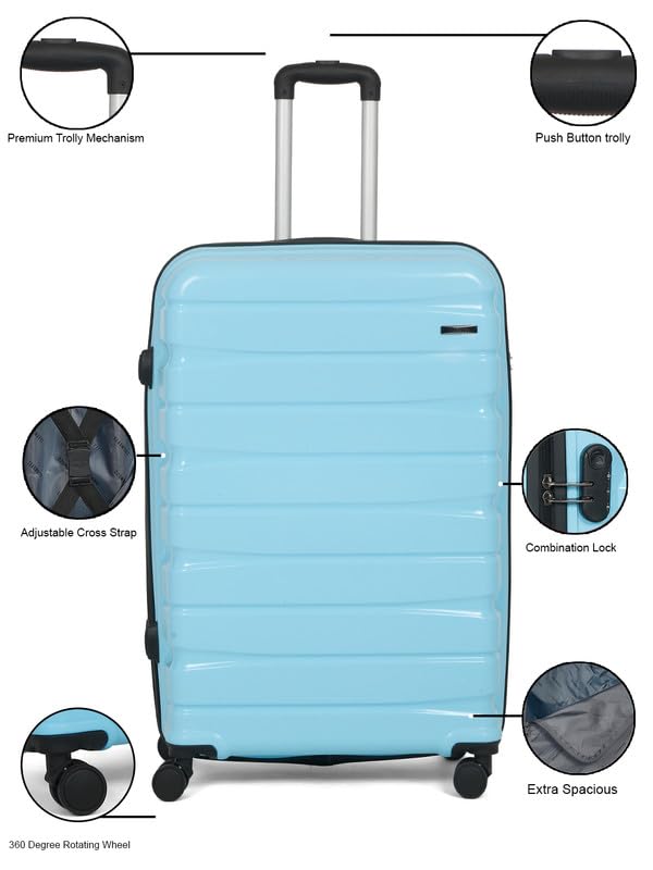 Image of Teakwood Large Check in Size 8 Wheels Trolley Bag, Hard Cabin with Zipper Closure, Adjustable Push Button & Cross Side Strap, TSA Lock System 360 Degree (Large Check in Size, Sky Blue)
