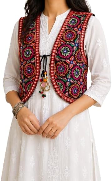 Women's Cotton Handmade Traditional Rajasthani Kutchi Work Embroidered Jacket/Koti Outerwear with Mobile Pouch, Multicolor (Design & Pattern May Vary)
