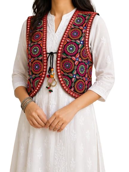 Outerwear Womens Multicolor Cotton Handmade Traditional Rajasthani Design front Embroidered Kutchi Work Jacket/Koti-picture-54