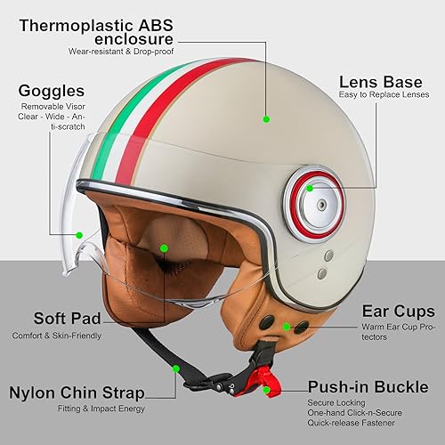 Image of Open Face Motorcycle Helmet for Adults, Half Face Moped Helmets for Men, 3 /4 Retro Vespa Helmet, Classic Vintage Motorcycle Helmet for Women, DOT Approved
