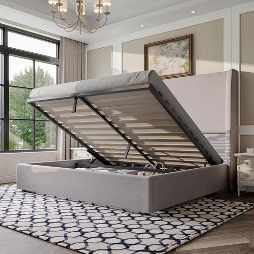 LUXOAK Cama de almacenamiento hidráulico de cama doble con cabecero de alas de 120 cm, listones de madera maciza, tapizado, montaje rápido, tela de lino, sin colchón (gris, 140 x 200 cm)