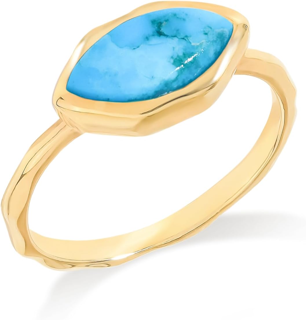 YoTreasure 14K Gold Plated 925 Sterling Silver Marquise Solitaire Ring for Women Labradorite Rainbow Moonstone Oyster Copper Turquoise Black Rutilated Quartz & Natural Turquoise Wavy Band Gift Jewelry