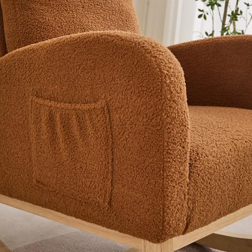 Image of Rocking Chair Nursery, Glider Rocking Accent Chair with Wood Legs, High Back Pocket Modern Upholstered Nursery Chair, Comfy Accent Rocker Armchair for Living Room Bedroom, Sherpa Caramel