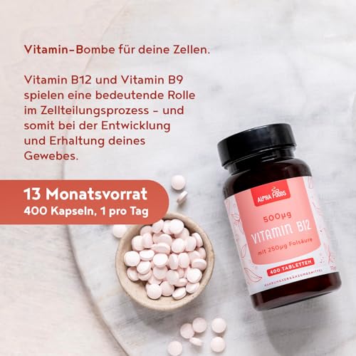 Vitamin B12 hochdosiert | 400 vegane Tabletten für 1+ Jahr Versorgung | 500µg Vit B12 und 250µg Folsäure pro Tagesdosis | Hochdosiert & ohne Zusatzstoffe | Alpha Foods
