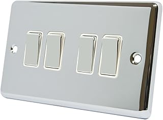 AET CPC4GSWIWC Polished Chrome Classical White Insert Metal Rocker Switches-10 Amp 4 Gang 2 Way Light Switch, 240 V