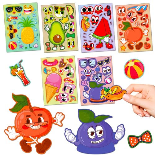 6枚入 フルーツ カラフル カートゥーン ステッカー セット 知育 交換顔 パズル クリエイティブ こども 向け DIY 防水 デコレーション 手帳 ノート 水筒 プレゼント ごほうび 幼稚園 学習 装飾
