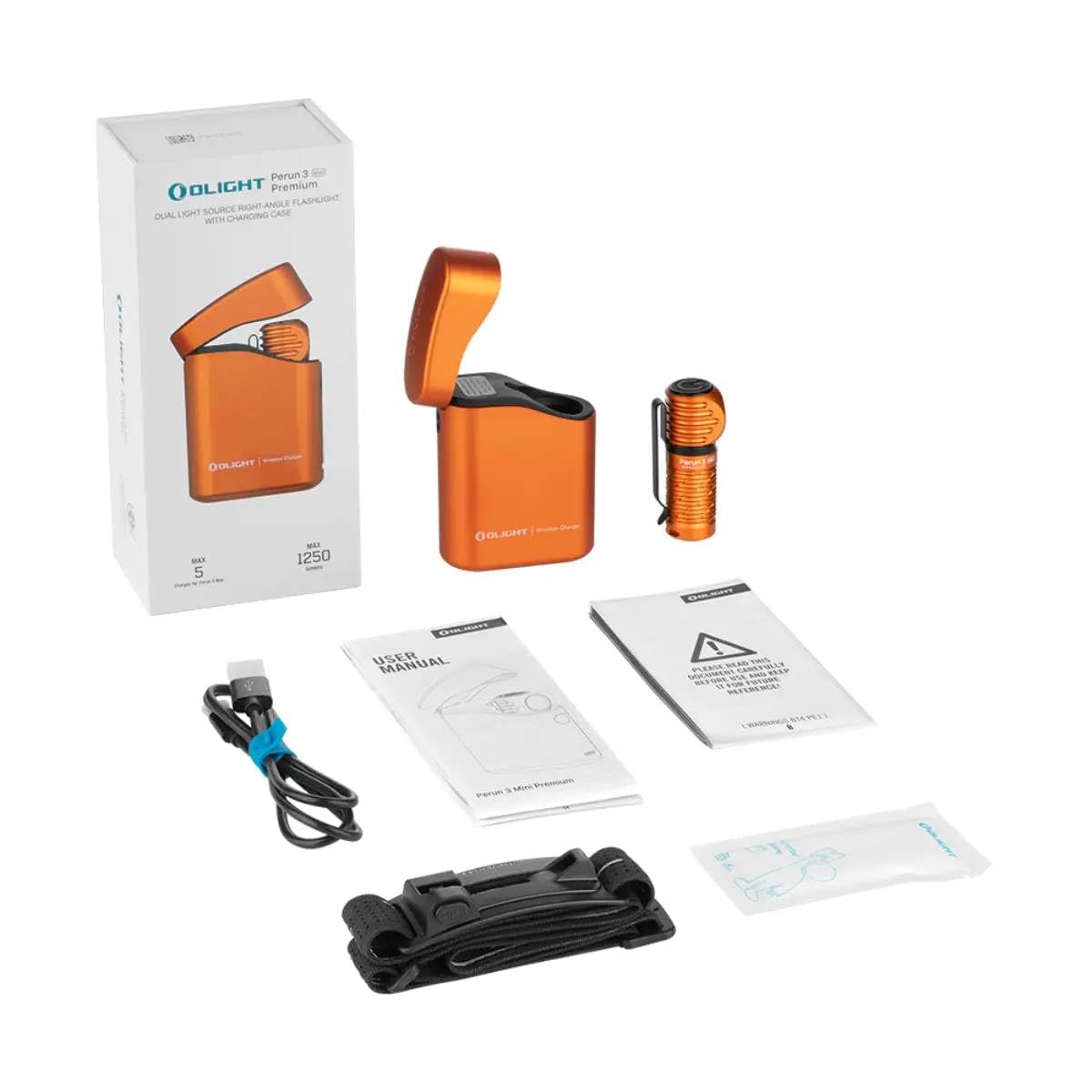 OLIGHT Perun 3 Mini Kit LED Stirnlampe 1250 Lumen wiederaufladbare Kopflampe mit 5000 mAh Ladecase, 60 Tage Akkulaufzeit, 5 Weißlicht- & 3 Rotlicht-Modi, Ideal für Camping, Angeln, Notfall Orange