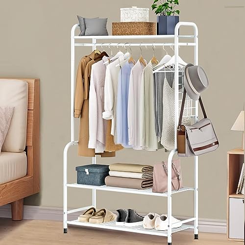 Forthcan Metal Clothing Rack with Top and Bottom Shelves and Side Meshes Clothes Garment Rods Portable Garment Rack Freestanding Hanger Space Saving Clothes Organizer for Hanging Clothes (White)