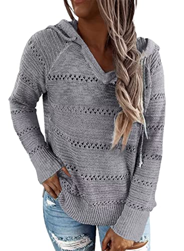 BLENCOT Women Hoodie Striped Lightweight Drawstring Casual Top Knit Sweater