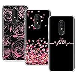 EuoDuo 3X Hülle für Alcatel 3 2019 / Alcatel 3L 2019 Silikon Handyhülle Liebesherz Rosa Blumen Motiv Weiche TPU Handyschutzhülle für Alcatel 3 2019 / Alcatel 3L 2019