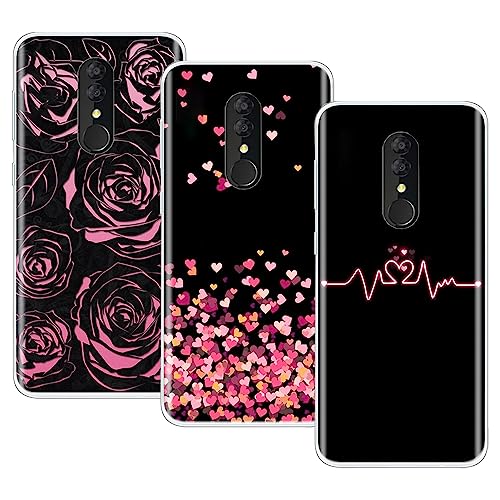 EuoDuo 3X Hülle für Alcatel 3 2019 / Alcatel 3L 2019 Silikon Handyhülle Liebesherz Rosa Blumen Motiv Weiche TPU Handyschutzhülle für Alcatel 3 2019 / Alcatel 3L 2019