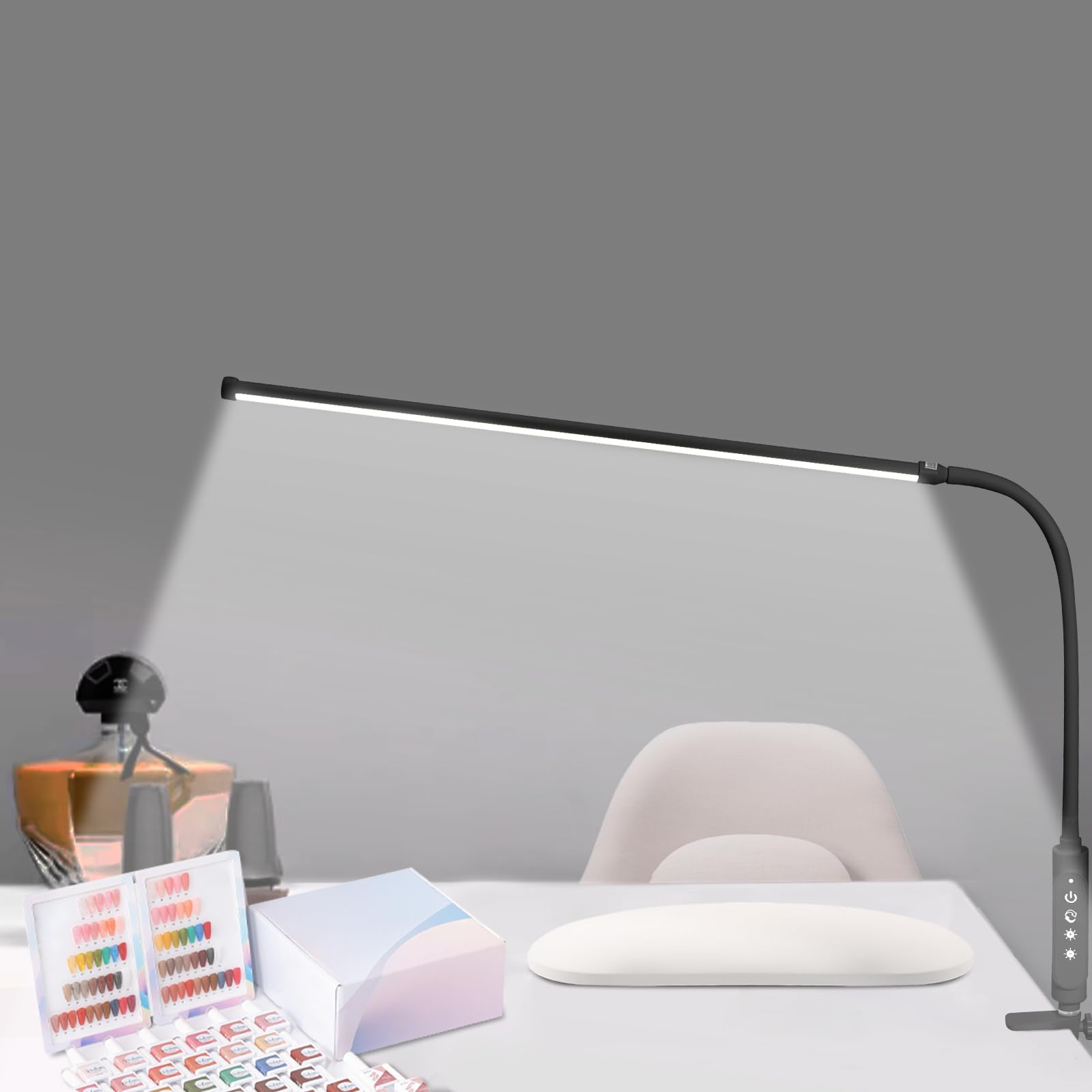 CGBE Extra-lange 60 cm Nageltischlampe LED Dimmbare Klemmlampe für Maniküre | 360° Verstellbare Tischlampe für Nagel mit 3 Farbmodi und 5 Helligkeiten - Touch Steuerung - für Tattoo Basteln - Schwarz